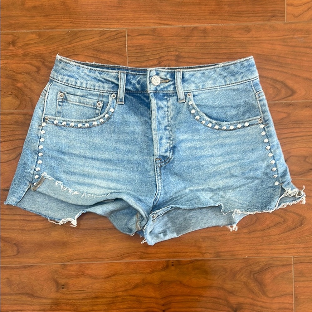 Vanilla Star Mid Rise Button Fly Cut Off Studded Jean Shorts